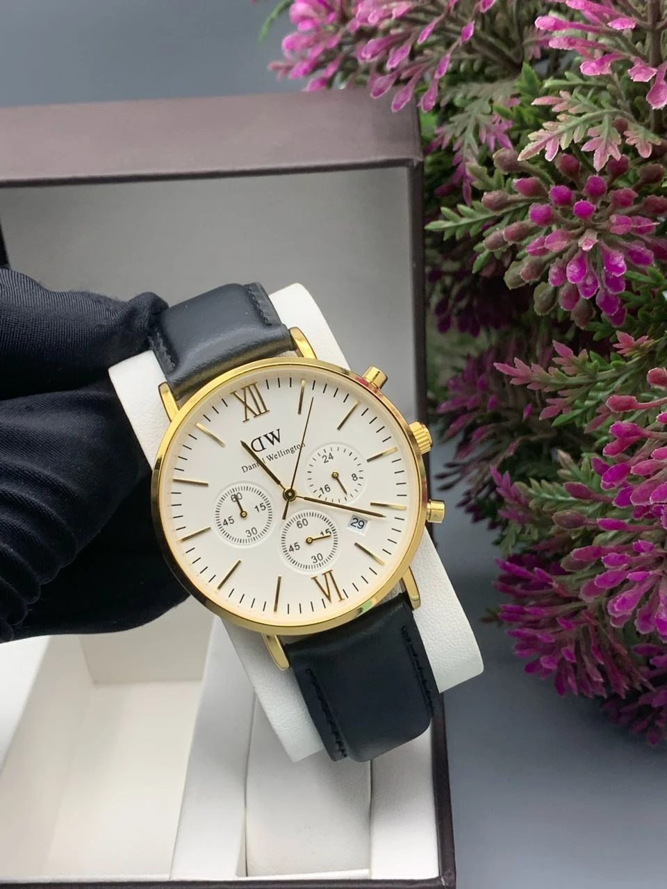 Daniel Wellington Men's Classic Gold-Tone Chronograph Watch with White Dial Black Leather Strap - Premium Timepiece for Men - Main View