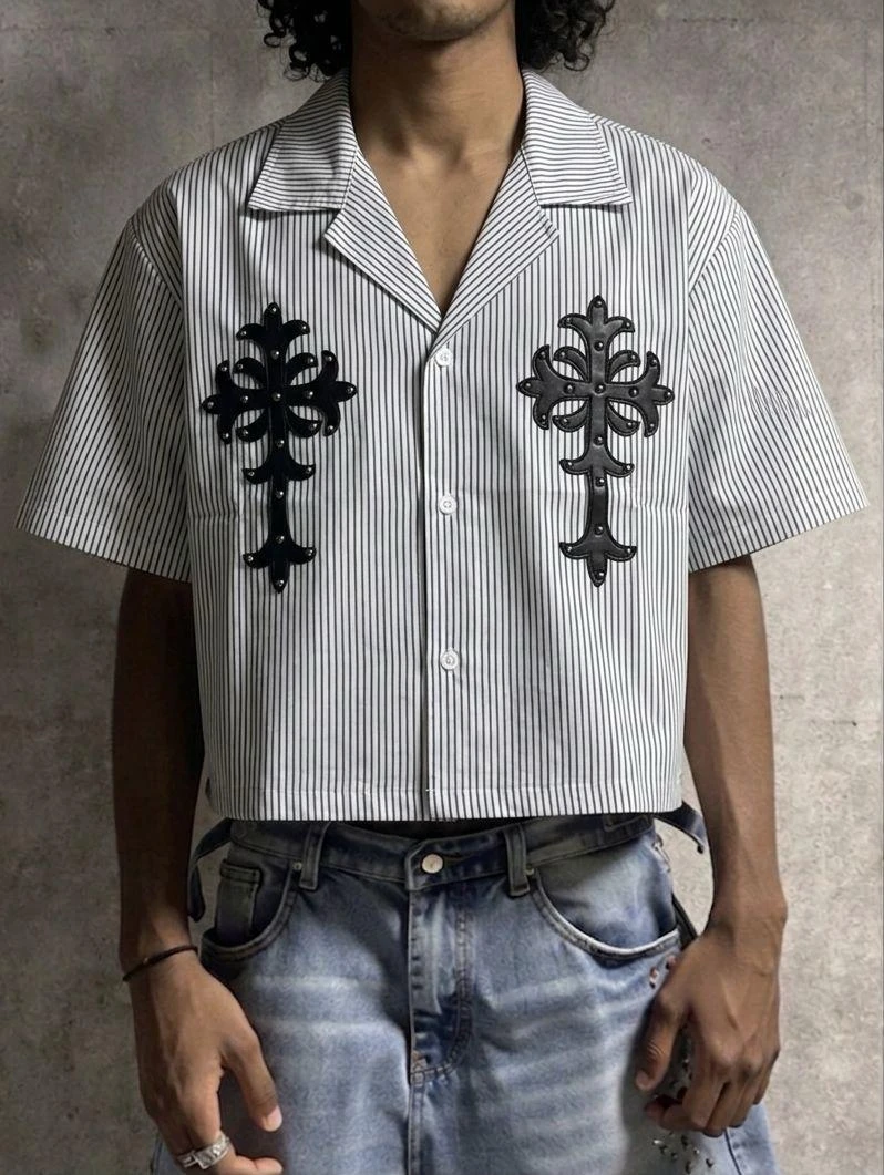 Men's & Unisex Blue Bleached Plaid Cropped Shirt - Rhinestone Flower Embellished Short Sleeve Button-Down for Stylish Streetwear