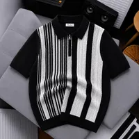 Men's Retro Knitted Striped Polo Shirt – Quarter-Zip Casual Top in Brown, Black, White, Purple and Beige for Mens Everyday Smart Casual  - View 3