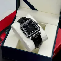 Cartier Men's Elegant Silver-Tone Square Watch with Black Croc-Embossed Leather Strap, White Textured Dial & Date Display – Luxury Classic Timepiece for Gentlemen - View 2