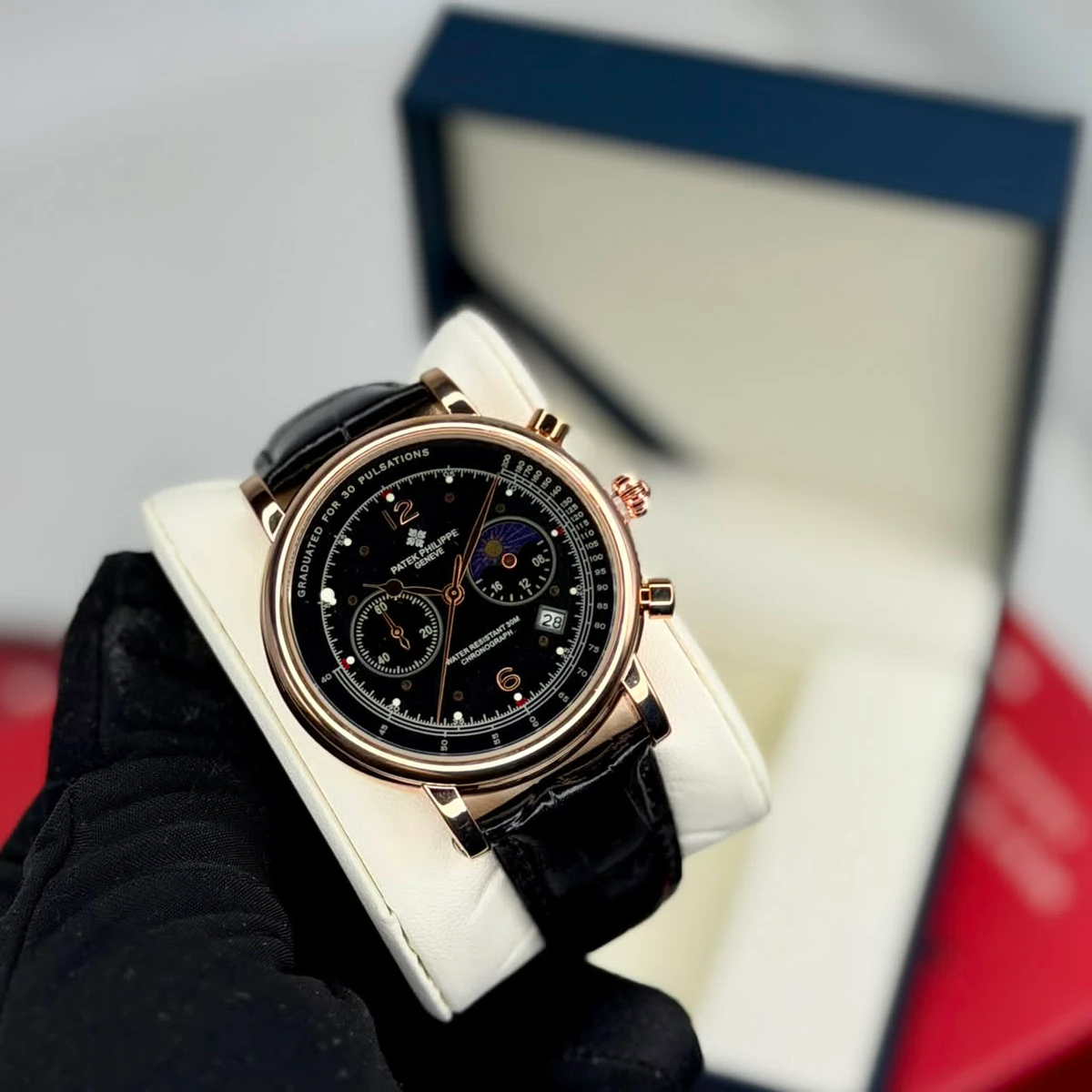 Men's Grand Complication Chronograph Watch – Rose Gold, Black Dial, Leather Strap, Water Resistant Pulsometer Function 