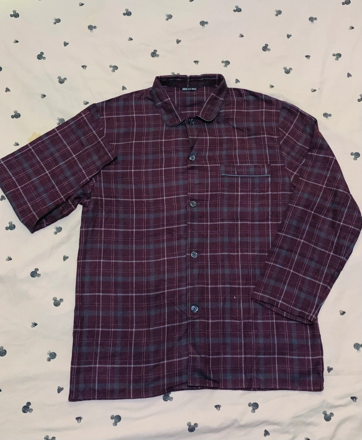 Men's Cozy Plaid Flannel Shirt - Long Sleeve Button-Up Maroon & Blue Checkered Pure Cotton Pajama Top for Relaxed Comfort