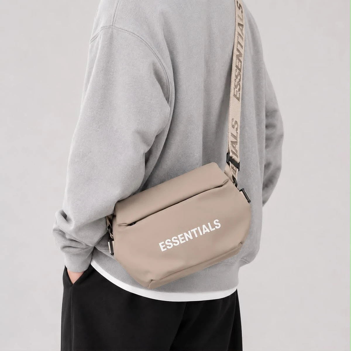 Essentials Unisex Beige Crossbody Messenger Bag – Stylish Everyday Carry Pouch for Men & Women, Adjustable Strap for Casual Streetwear & Travel