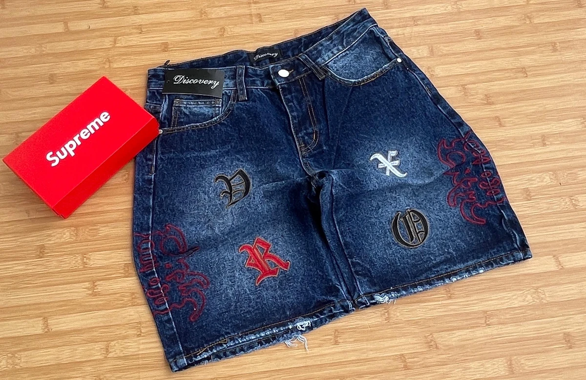 Men's Discovery Washed Blue Denim Jeans Shorts with Bold Embroidered Patches Distressed Hem – Premium Urban Streetwear Jeans - Main View