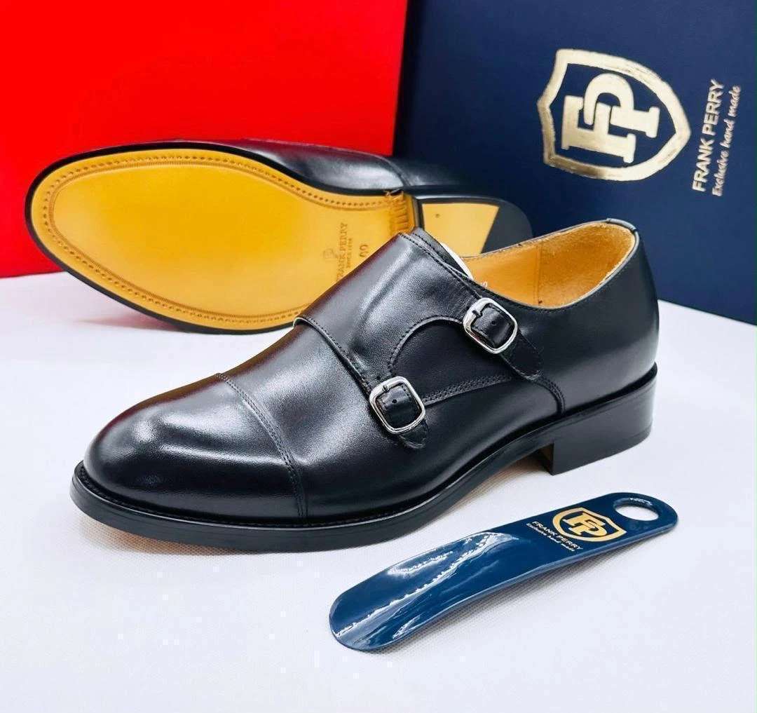 Men's Frank Perry Black Leather Double Monk Strap Cap Toe Dress Shoes - Premium Handmade Formal Executive Footwear