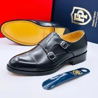 Men's Frank Perry Black Leather Double Monk Strap Cap Toe Dress Shoes - Premium Handmade Formal Executive Footwear - View 1