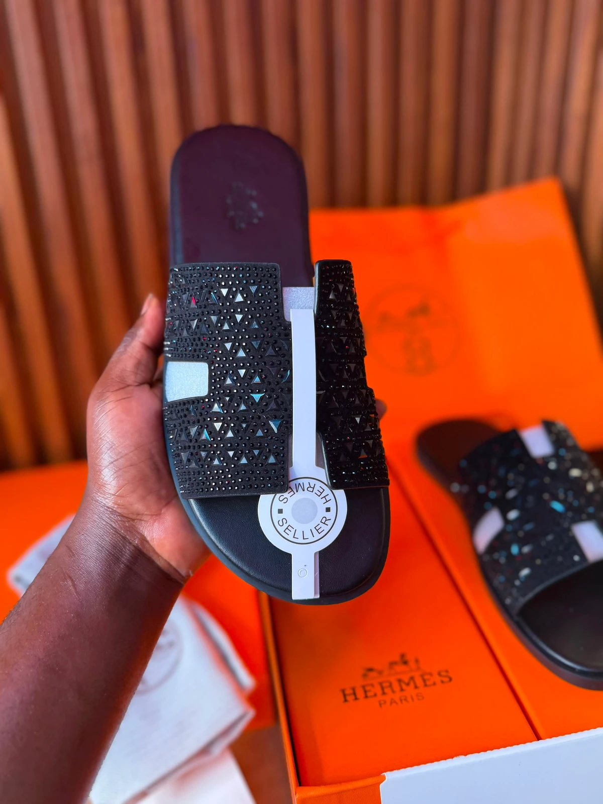 Hermès Women's Black Crystal Embellished H-Strap Slide Sandals - Luxury Designer Footwear for Effortless Style & Comfort