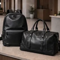 2 in 1 Men's Premium Black Leather Travel Backpack and Duffel Bag Set - Quality Business, short strip and Weekend Carry-On Luggage Combo - View 2