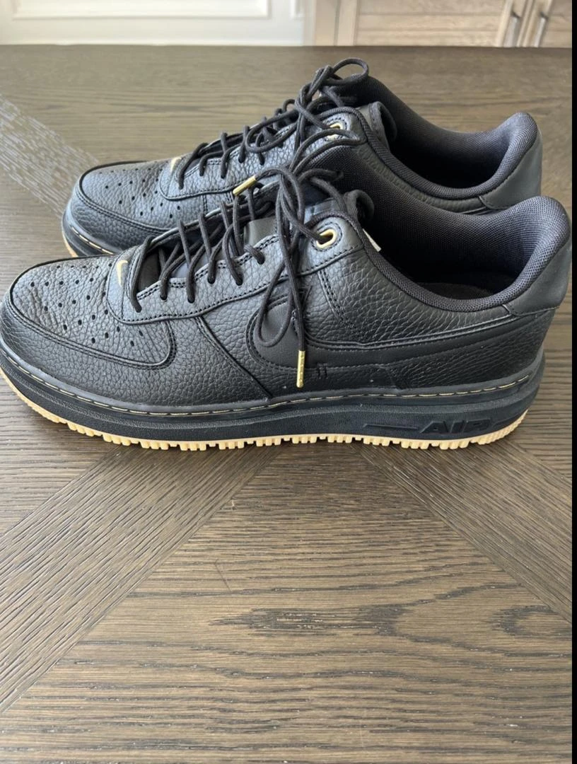 Unisex Nike Air Force 1 Black Platform Sneakers with Gum Sole & Gold Accents - Stylish Everyday Leather Lifestyle Shoes for Men & Women