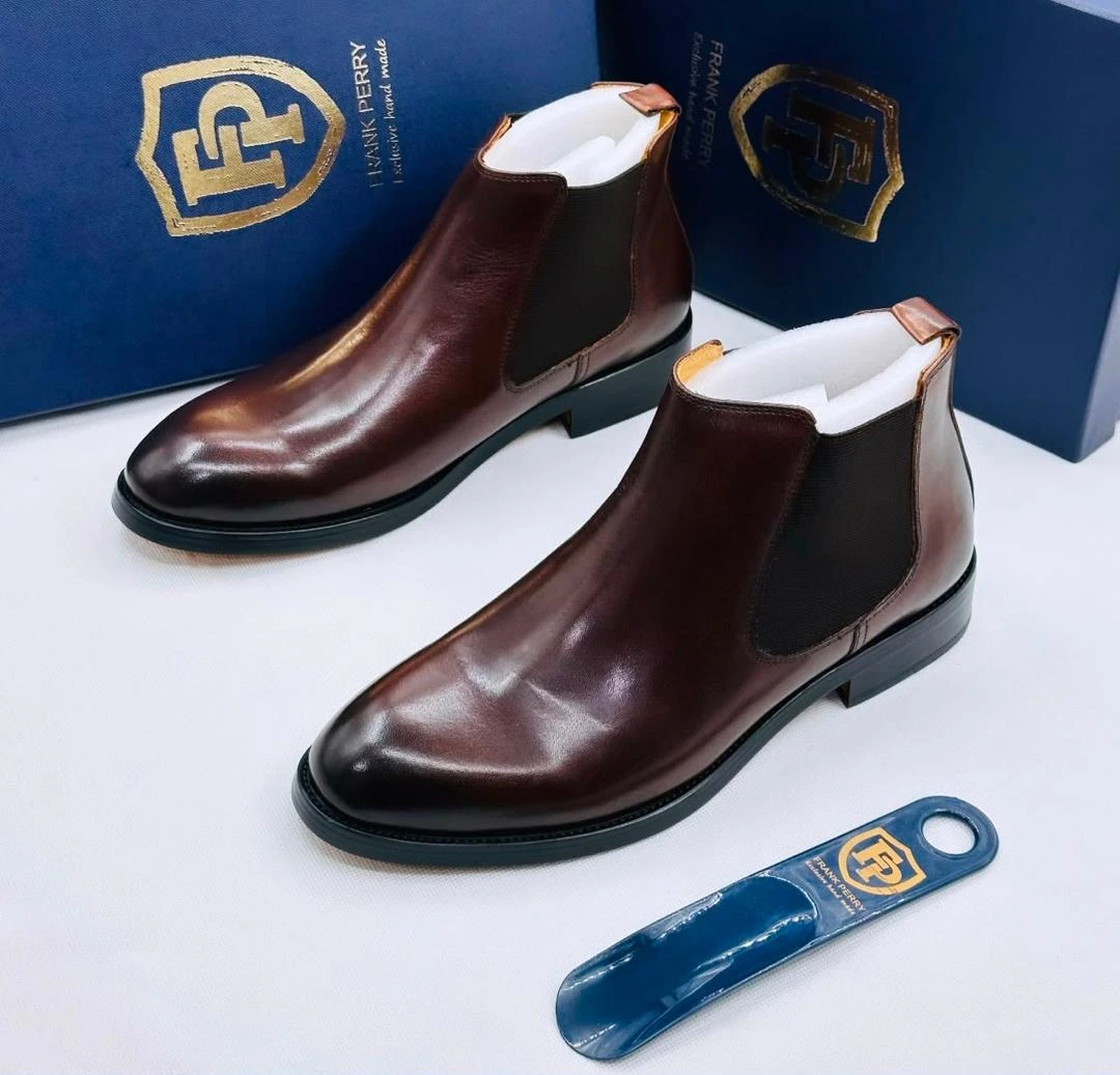 Men's Frank Perry Premium Brown Leather Long Cow Boy Chelsea Boots - Elegant Slip-On Ankle Boots for Formal and Casual Wear