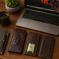 Men's Premium Black Crocodile Texture Leather Long Wallet with Multiple Card Slots & Secure Zipper Pocket - Executive Billfold - View 3