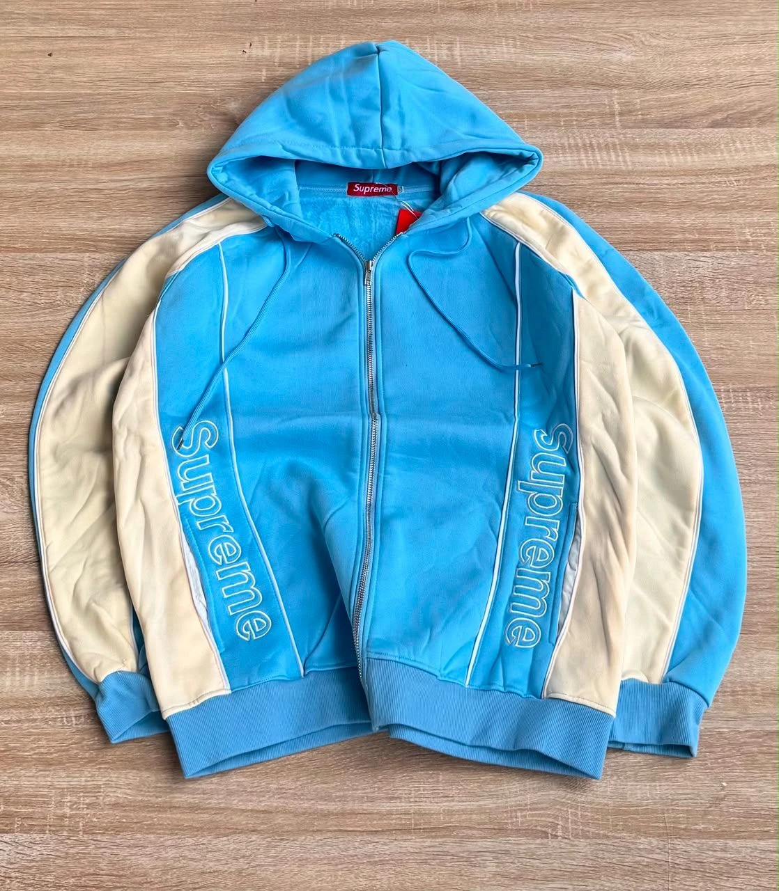 Supreme Unisex Full-Zip Track Hoodie in Sky Blue & Cream with Side Logo Embroidery - Stylish Two-Tone Activewear