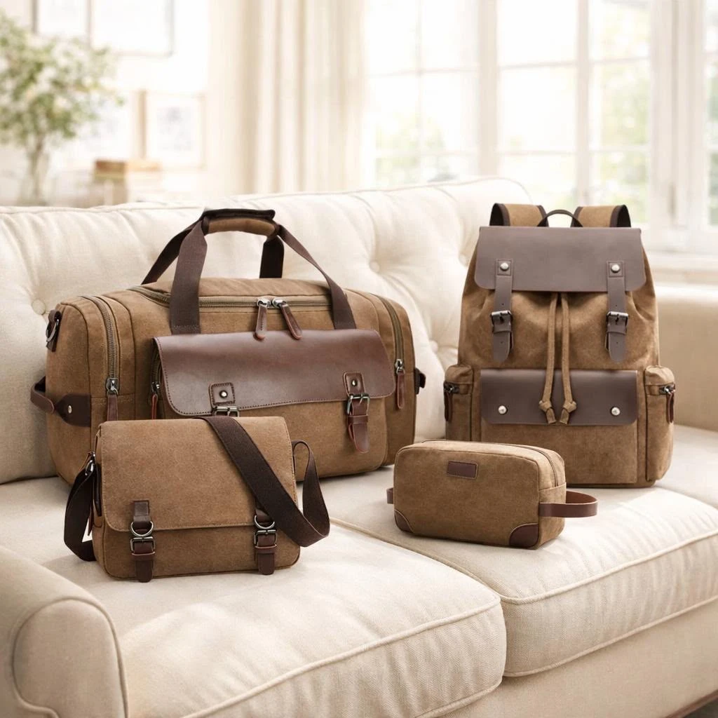  4 in 1 Canvas Travel Bag Set with Leather Accents - 4-Piece Duffel, Backpack, Shoulder Bag or Messenger and Toiletry Bag