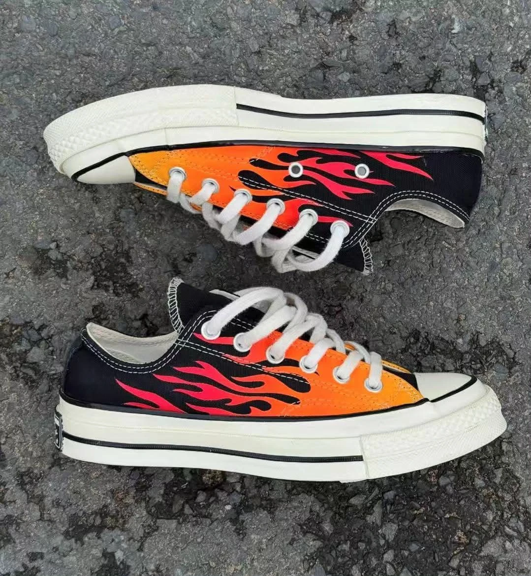 Unisex Fiery Flame Print Low-Top Canvas Sneakers - Bold Black & Orange Chuck-Style Streetwear Kicks for Men & Women