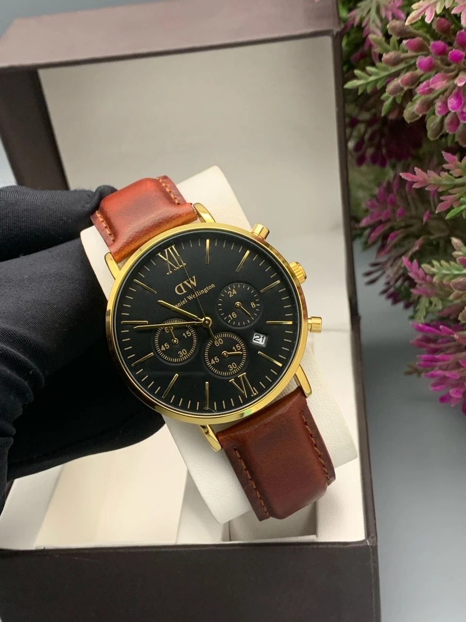 Daniel Wellington Men's Classic Gold Chronograph Watch with Black Dial & Rich Brown Leather Strap - Premium & Timeless Design for Modern Gentlemen