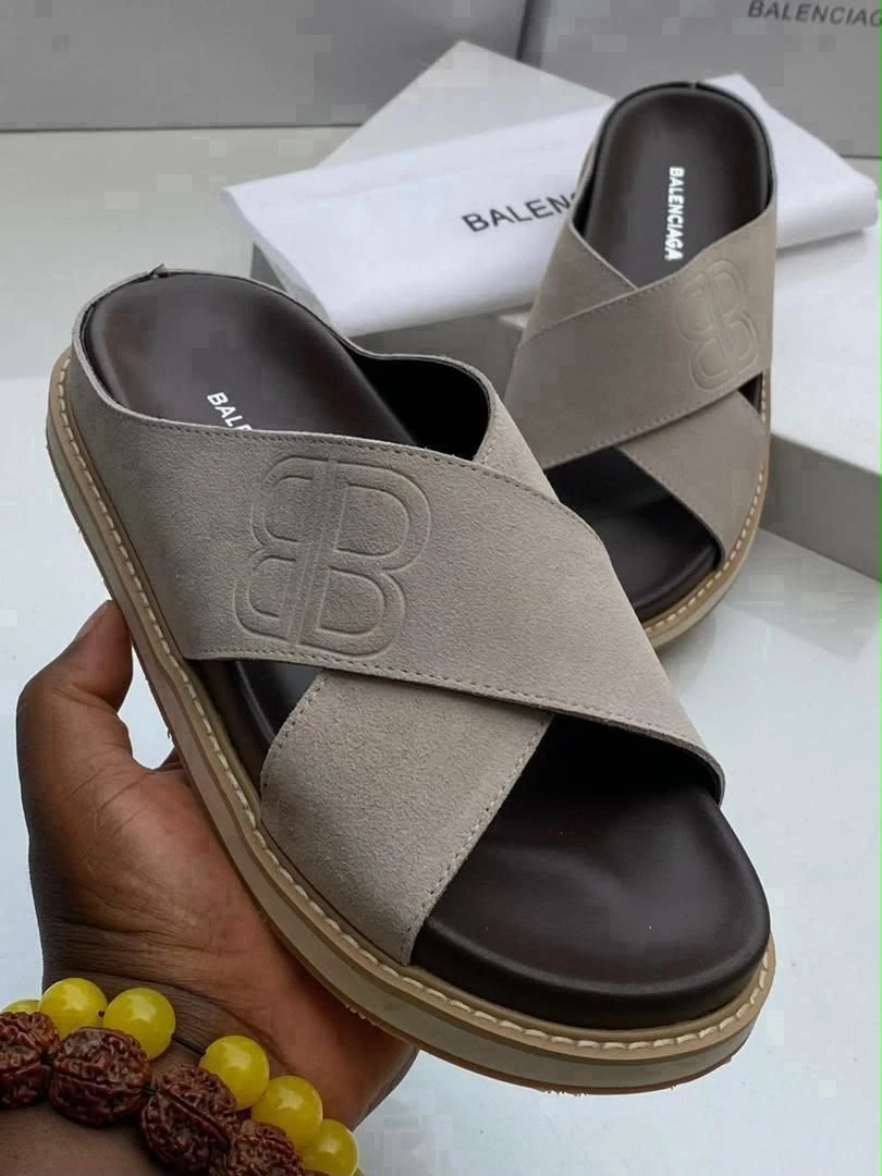 Men's Luxury Beige and Black High Quality Suede Criss-Cross Slides - Luxury Designer Comfort Sandals