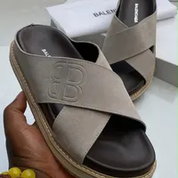 Men's Luxury Beige and Black High Quality Suede Criss-Cross Slides - Luxury Designer Comfort Sandals - View 1
