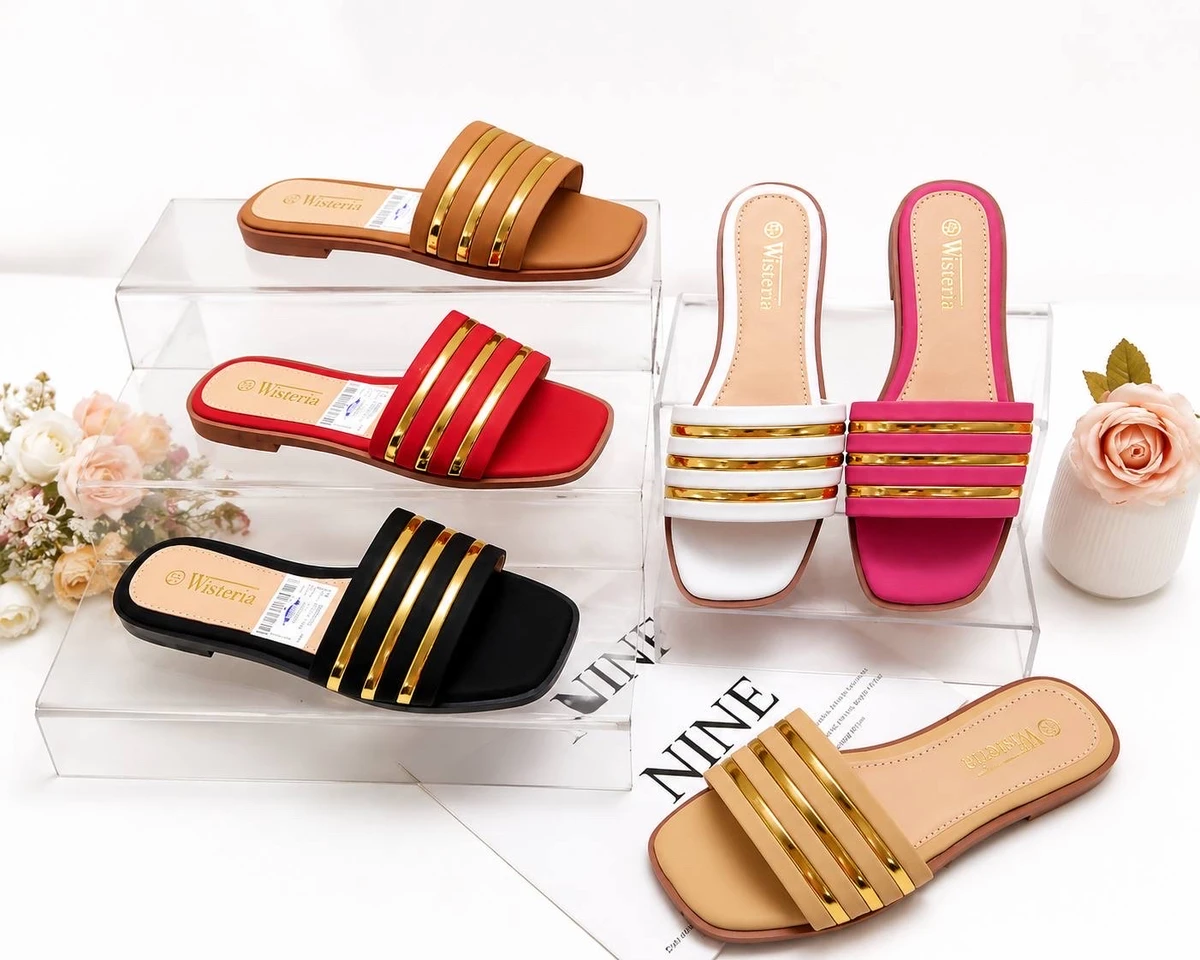 Women's Wisteria Gold-Strap Fashion Slides - Elegant Multi-Color Flat Sandals for Everyday Comfort & Style