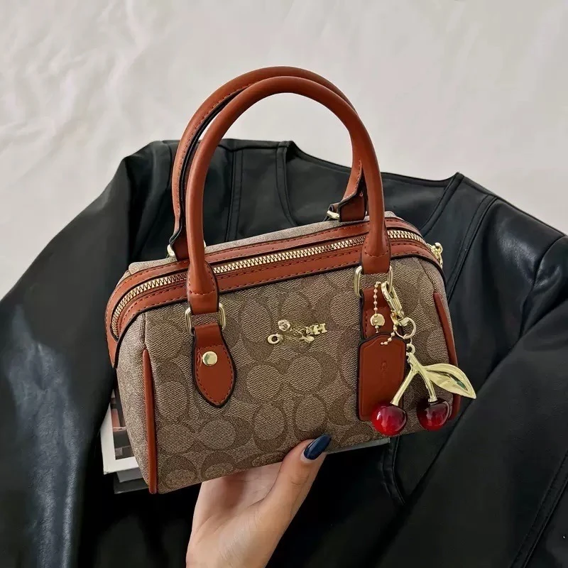 Women's Chic COACH Signature Monogram Mini Boston Handbag with Cherry Charm - Versatile Top Handle & Crossbody Shoulder Bag