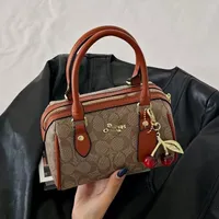 Women's Chic COACH Signature Monogram Mini Boston Handbag with Cherry Charm - Versatile Top Handle & Crossbody Shoulder Bag - View 1