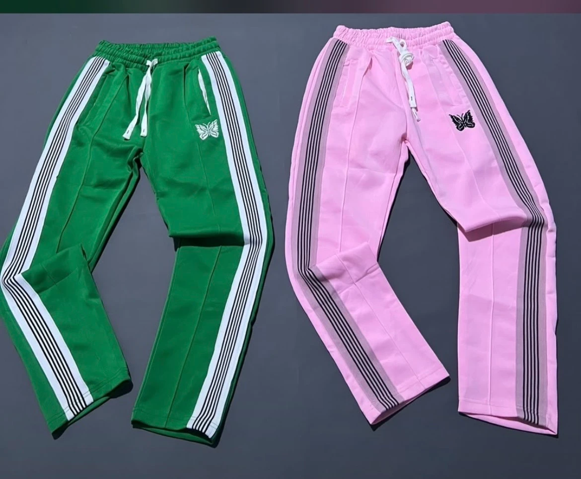 Unisex Butterfly Logo Side Stripe Track Pants - Stylish Green & Pink Joggers for Casual Comfort & Athleisure
