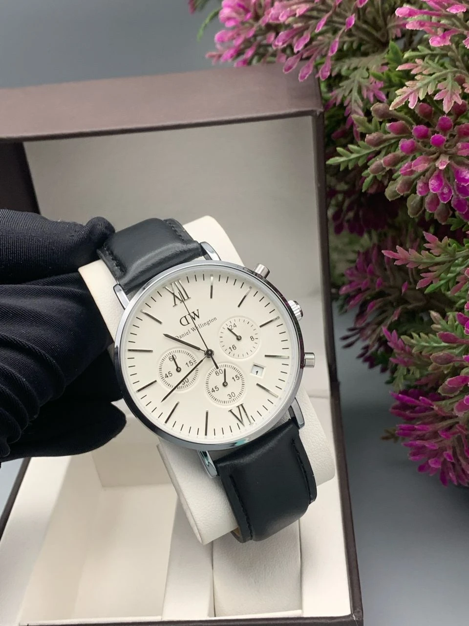 Daniel Wellington Men's Classic Chronograph Watch - Silver Case, White Dial with Genuine Leather Strap Timepiece for Men - Main View