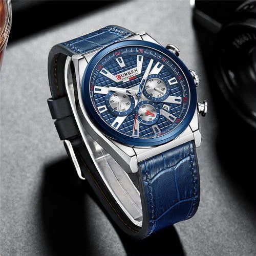 CURREN Men's Elite Blue Dial Chronograph Watch with Croc-Textured Leather Strap – Stylish Quartz Wristwatch for Business 