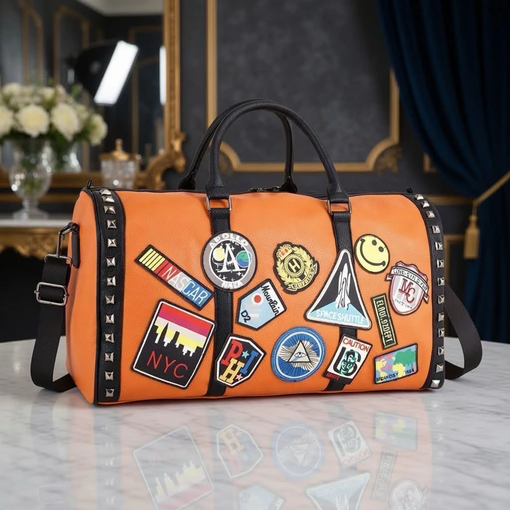 Vibrant Orange Patchwork Studded Travel Duffel Bag – Stylish Faux Leather Weekend Carryall for Trendy Explorers