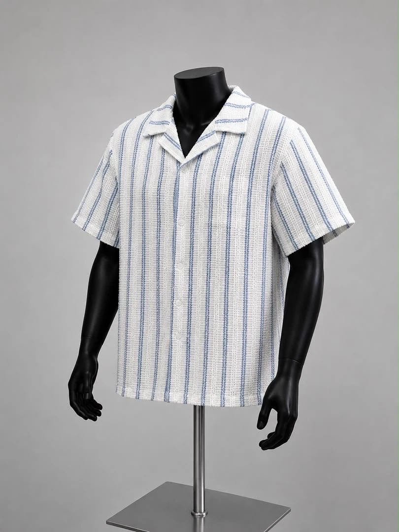 Men's Coastal Vibe Textured Stripe Camp Collar Short Sleeve Shirt - White & Blue Relaxed Summer Top