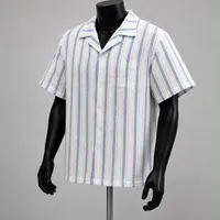 Men's Coastal Vibe Textured Stripe Camp Collar Short Sleeve Shirt - White & Blue Relaxed Summer Top - View 1
