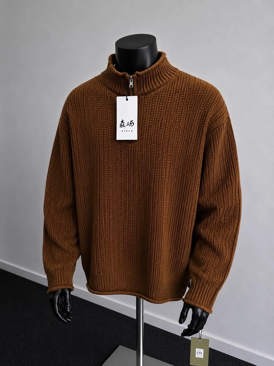 Men's Stylish Brown and Black Ribbed Knit Half-Zip Mock Neck Sweater - Warm  Comfortable Jumper for Autumn  Winter Fashion