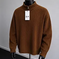 Men's Stylish Brown and Black Ribbed Knit Half-Zip Mock Neck Sweater - Warm  Comfortable Jumper for Autumn  Winter Fashion - View 1