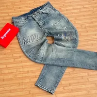 Men's BAPU Streetwear Distressed Denim Jeans Trousers Pants Faded Light Wash with Ripped Details  Unique Lettering - View 2
