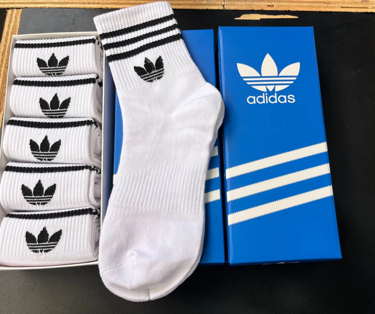 Adidas Originals Cotton Trefoil Classic White and Black Stripe Crew Socks 5 Set Pack for Everyday Wear