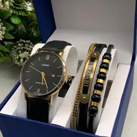 Men's Elegant Gold-Tone Casio Watch & Premium Layered Bracelet Gift Set - Classic Black Leather Strap, Water Resistant Timepiece with Stylish Accessories for Him - View 2