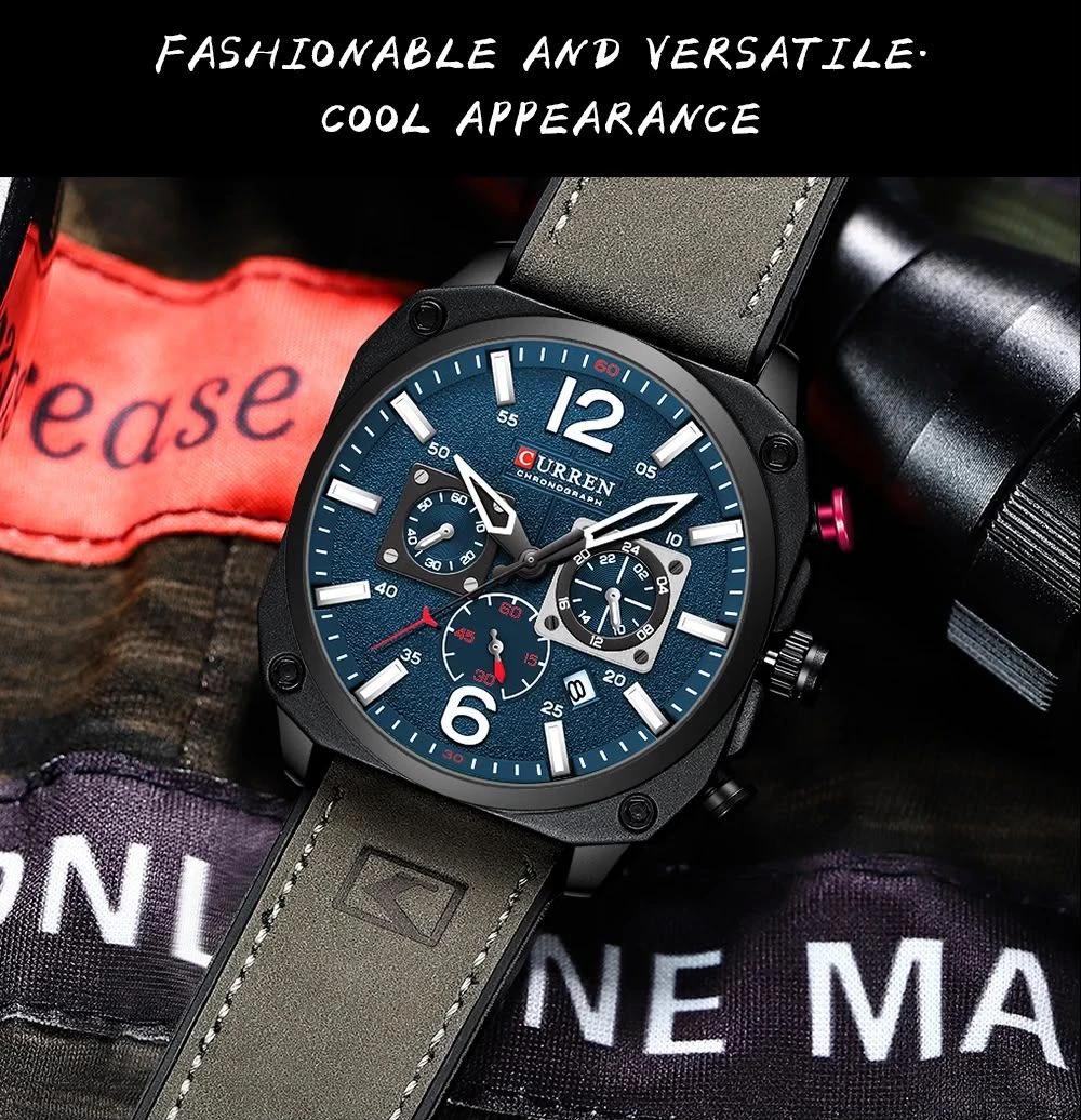 Men's CURREN Chronograph Watch with Blue Dial & Black Square Case - Stylish Khaki Leather-Look Strap - Fashionable & Versatile Timepiece for Modern Men