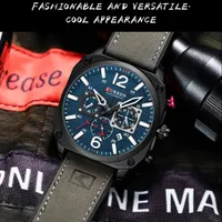 Men's CURREN Chronograph Watch with Blue Dial & Black Square Case - Stylish Khaki Leather-Look Strap - Fashionable & Versatile Timepiece for Modern Men - View 1