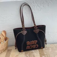 Chic Women's Black Canvas Tote Bag with Brown Faux Leather Trim & DMT ACTO Appliqué - Stylish & Spacious Shoulder Handbag for Daily Essentials - View 1