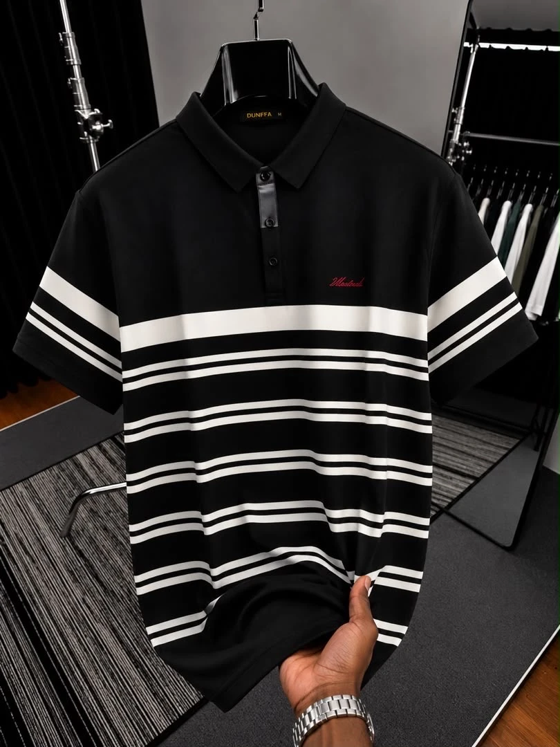 Men's Premium Black and White Striped Polo Shirt - Classic Short Sleeve Design with Elegant Contrast Placket  Embroidered Detail for Smart Casual Style