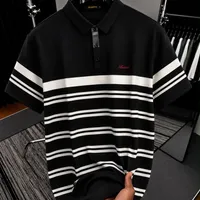Men's Premium Black and White Striped Polo Shirt - Classic Short Sleeve Design with Elegant Contrast Placket  Embroidered Detail for Smart Casual Style - View 1