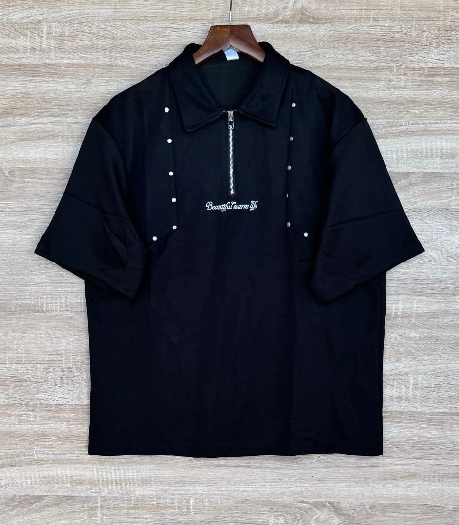 Unisex Black Half-Zip Studded Polo Shirt with "Beautiful Warm Life" Embroidery - Casual Streetwear Short Sleeve Top