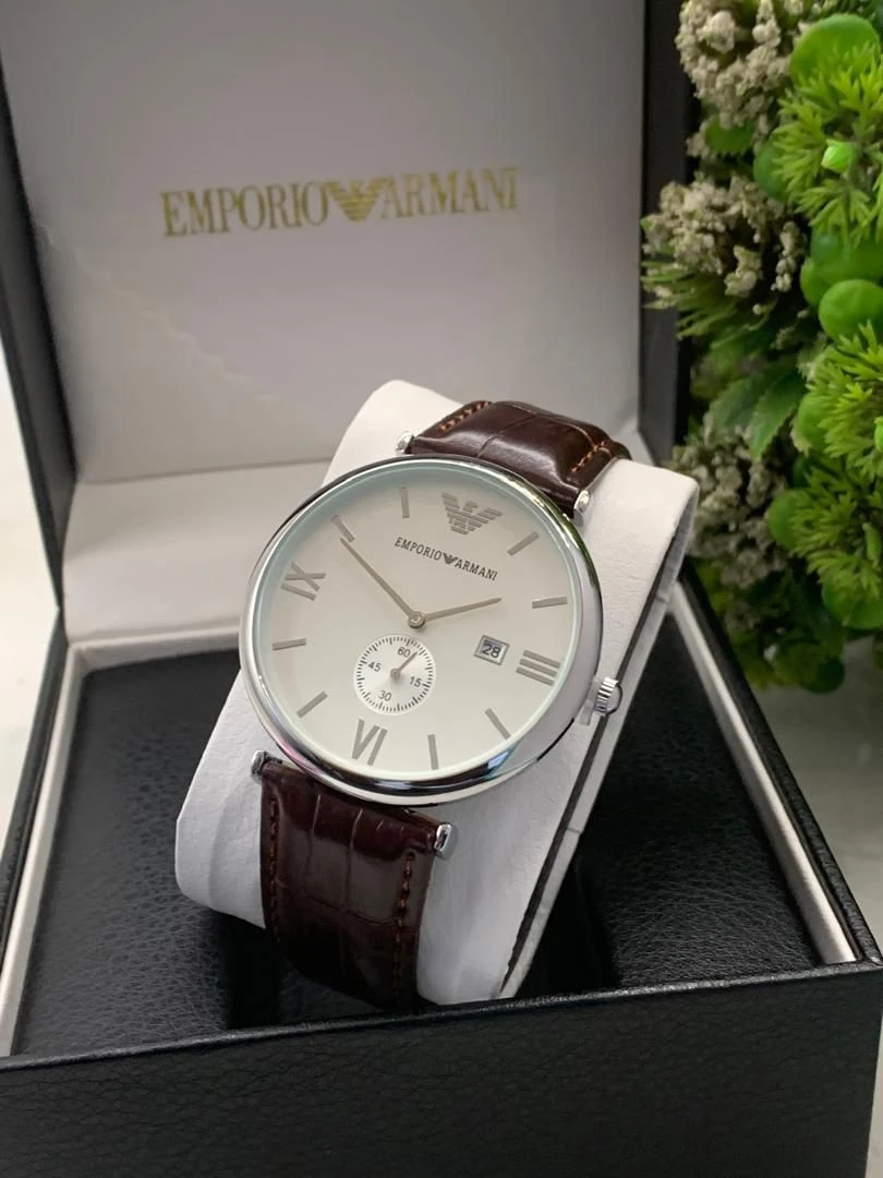 Emporio Armani Men's Classic Silver-Tone wiith Genuine Leather Strap Men's Watch with Brown Croc-Embossed Leather Strap and Roman Dial - Main View