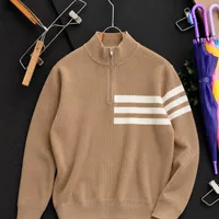 Men's Casual Ribbed Quarter-Zip Sweater with White Stripes - Stylish Camel Brown Long Sleeve Pullover for Everyday Wear - View 1