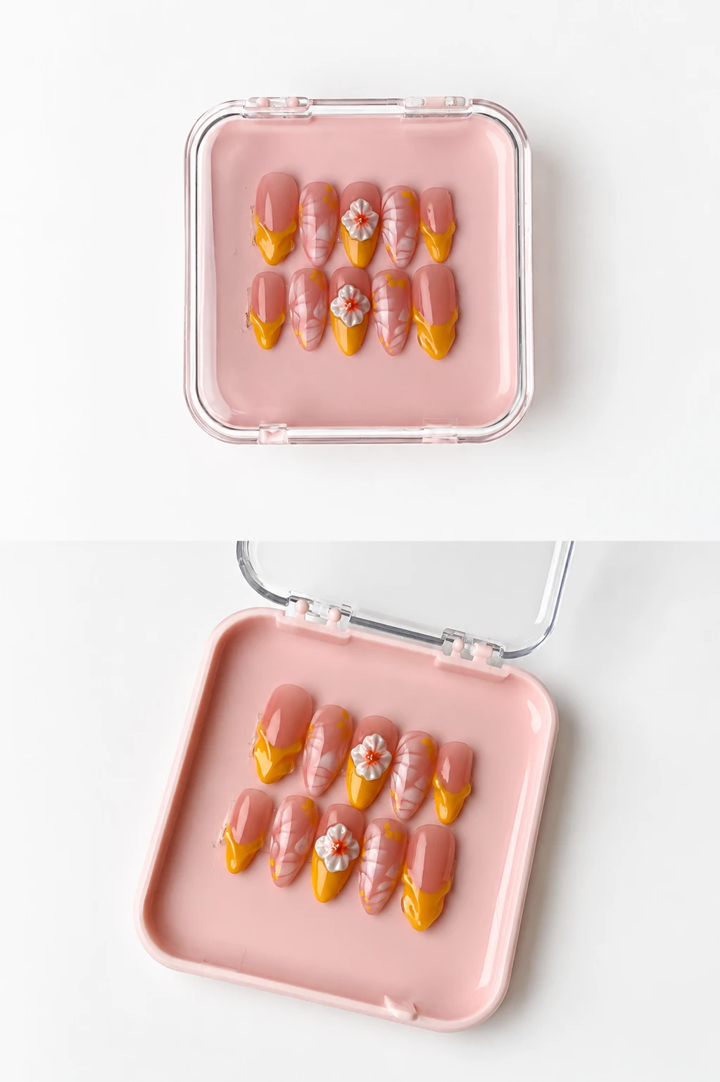 Women's Chic Nude  Mustard Floral Press-On Nails with 3D Flower Accents - Elegant Reusable False Nail Set in size Xs. 