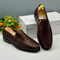 Ferragamo Coffee Brown Leather Loafers with Perforated  Diamond Pattern - Elegant Slip-On Shoes for Business, Formal  Smart Casual Wear - View 1