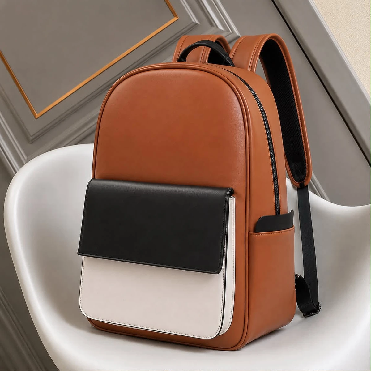 Women's Chic Tan Brown & Black White Color-Block Faux Leather Backpack - Stylish Everyday Carry Bag for School, Work, Travel & Daily Adventures with Padded Straps