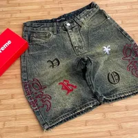 Men's Discovery Washed Blue Denim Jeans Shorts with Bold Embroidered Patches  Distressed Hem – Premium Urban Streetwear Jeans - View 2