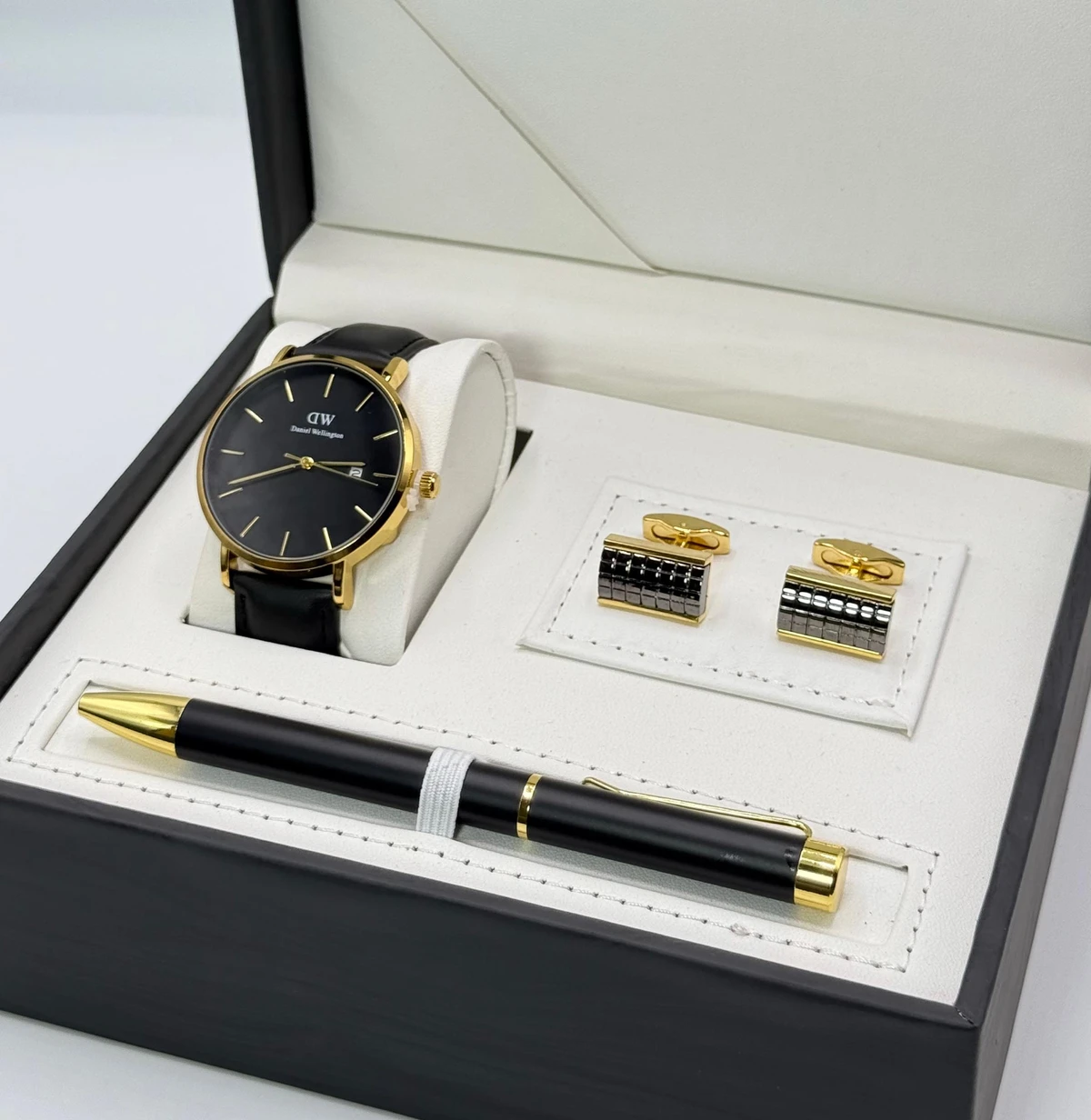 Men's Daniel Wellington Black & Gold Elegant Watch, Pen & Cufflinks Premium Gift Set - Sophisticated Formal Accessories for Him