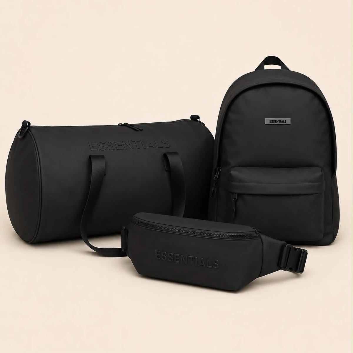 ESSENTIALS Sleek Black 3-Piece Bag Set Modern Backpack, Duffel  Waist Bag for Travel, Gym, and Daily Use
