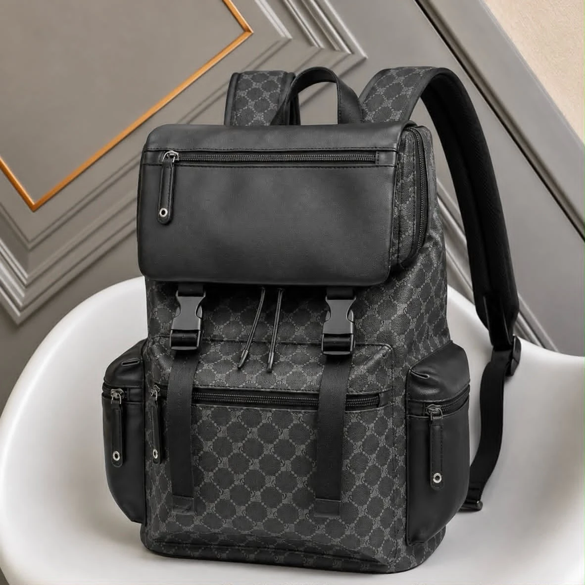 Premium Monogram Print Backpack - Stylish Black  Grey Travel  Daily Commute Bag with Multiple Pockets for Work, School  Fashionable Urban Adventures
